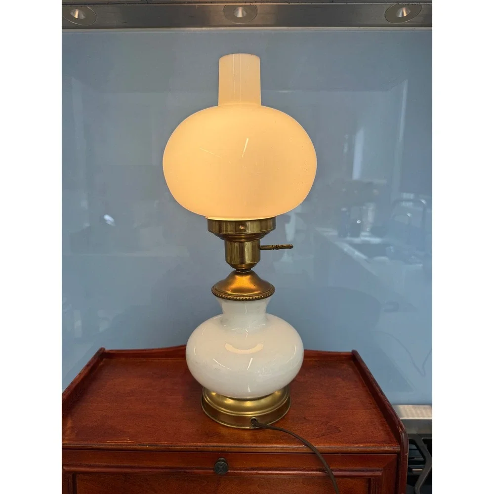 Vintage Hurricane Lamp Milk Glass Hand Painted Floral Rose Brass Electric Table